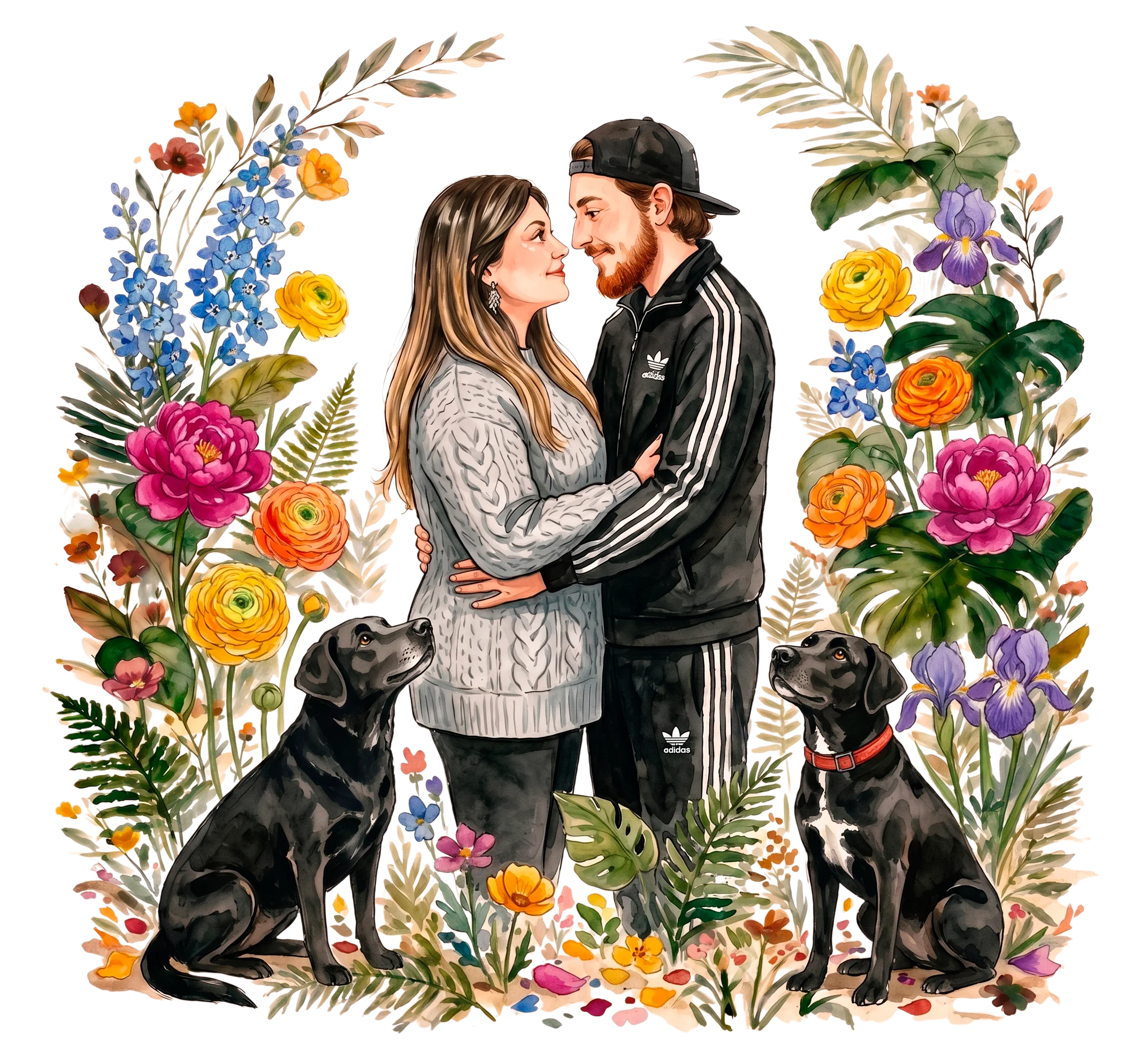 Ilustración de Pia y Hector junto a sus mascotas